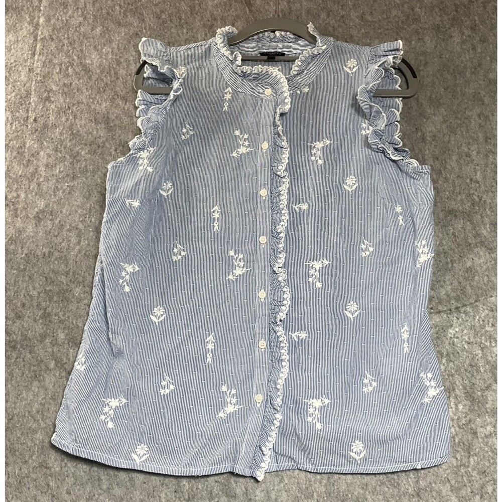 Talbots Blouse Womens MP Petite Blue Striped Embroidered Ruffle Sleeveless Boho